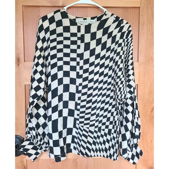 Vtg Josephine Chaus 100% Silk Black White 8 Geometric Modern Minimalist Blouse - Picture 1 of 7